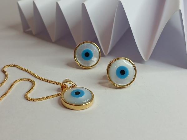 CONJUNTO BRINCO E COLAR OLHO GREGO BANHO DE OURO